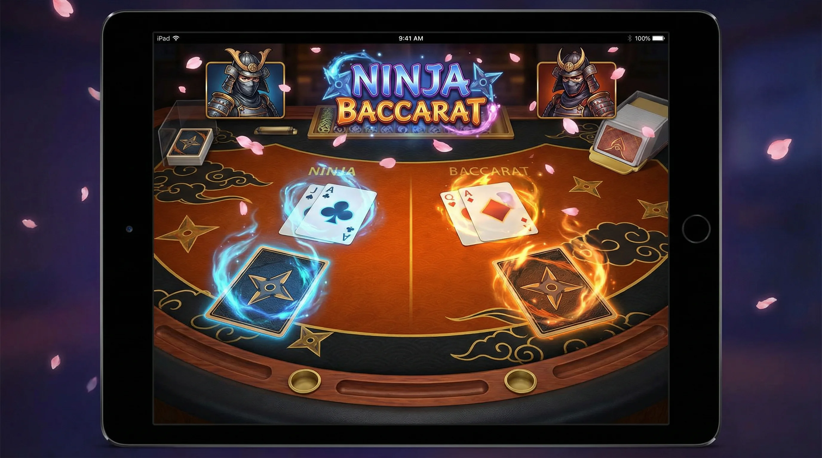 Mesa de bacará con estética ninja y cartas brillantes