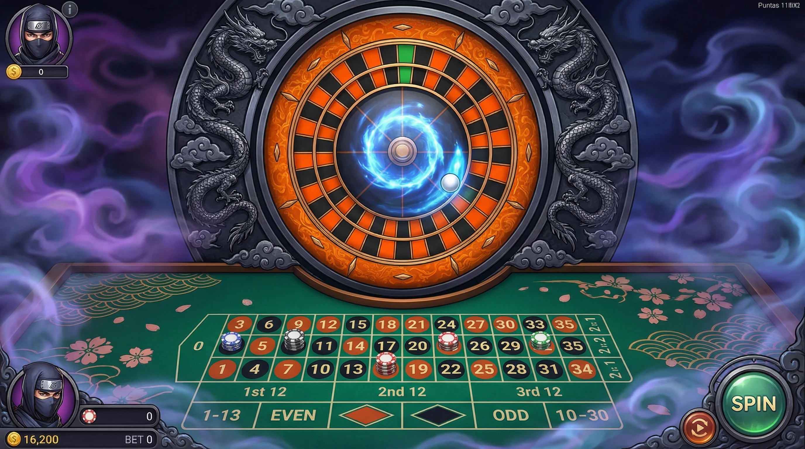 Ruleta de casino con diseño de dragón japonés girando